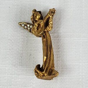 Vintage Signed De Nicola Antiqued Gold Tone Brushed Rhinestone Wing Angel Brooch